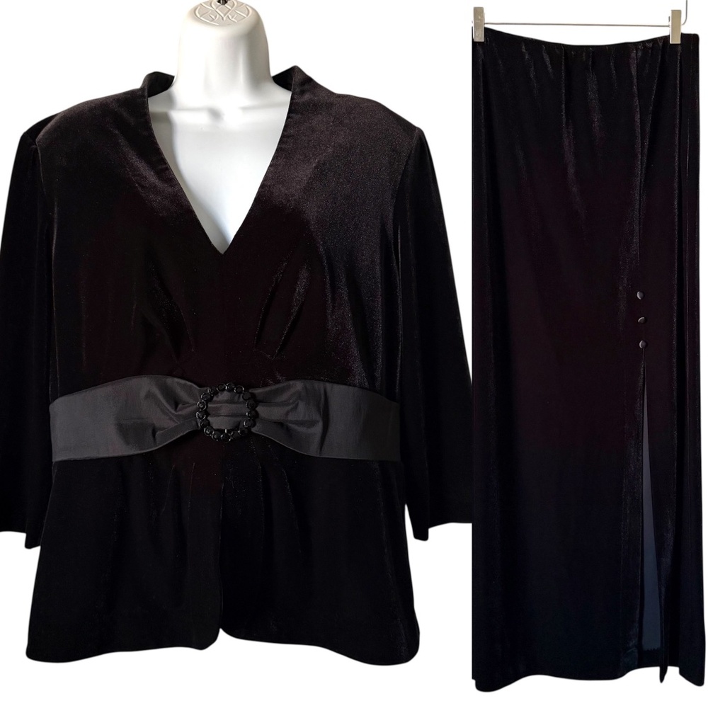 Alex Evenings Velvet 2 Piece Set Top Long Skirt Size XL Black Special Occasion